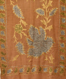 Light brown semi pashmina stole with Chinar leaf styled tilla work - KatraBAZAAR